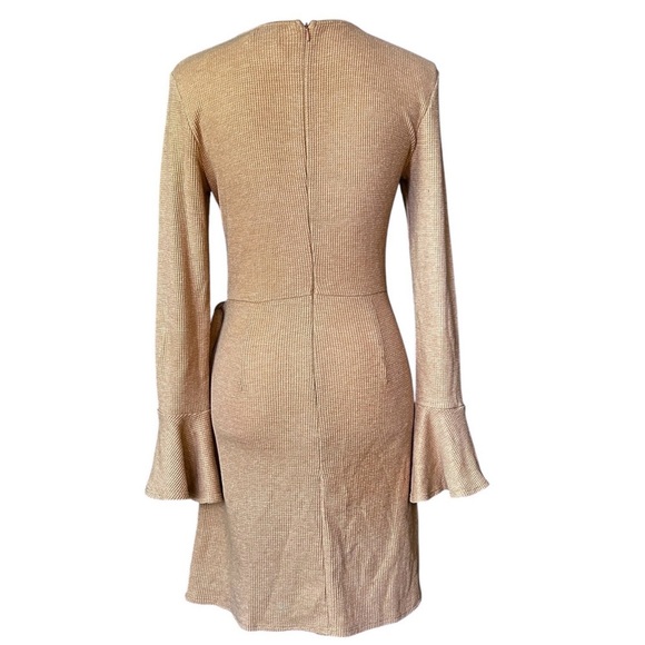 HELLO MOLLY Tan Waffle Knit Mini Dress Faux Wrap Bell Sleeve You For Me sz 6 - Picture 9 of 9